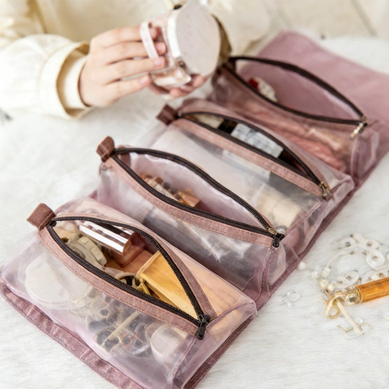 4-in-1 Roll-Up Toiletry Bag – Travel Cosmetic Organizer with Removable Clear Cases